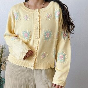 Rosie posie Delicate Floral Embroidered Yellow Cardigan Sweater